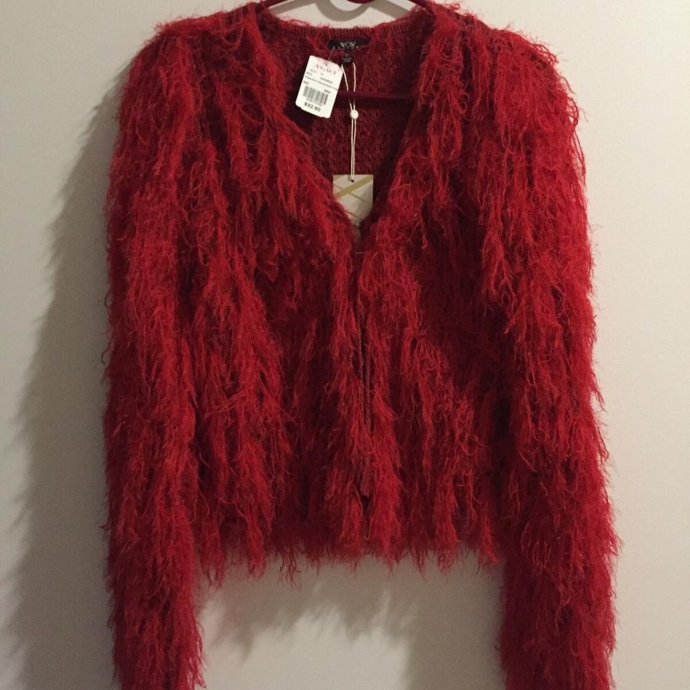 Red shaggy knit cropped cardigan